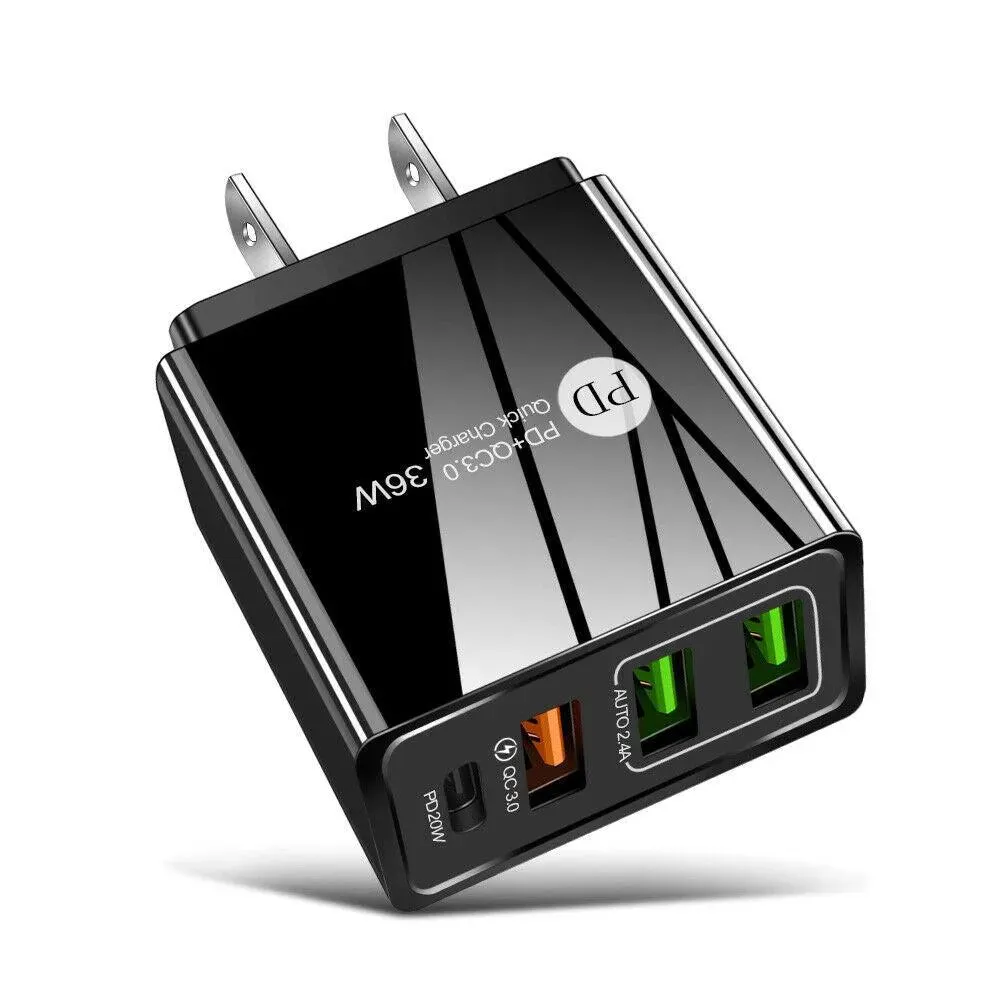 4-Port 36W Wall Safe and Fast Charger with PD Port and Iphone Cable 6 Ft