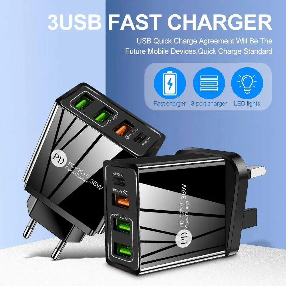 4-Port 36W Wall Safe and Fast Charger with PD Port and Iphone Cable 6 Ft