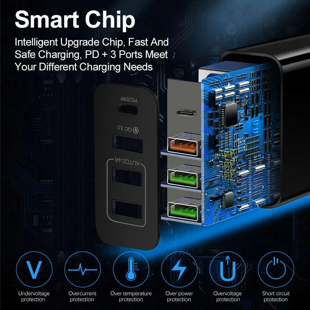 4-Port 36W Wall Safe and Fast Charger with PD Port and Iphone Cable 6 Ft