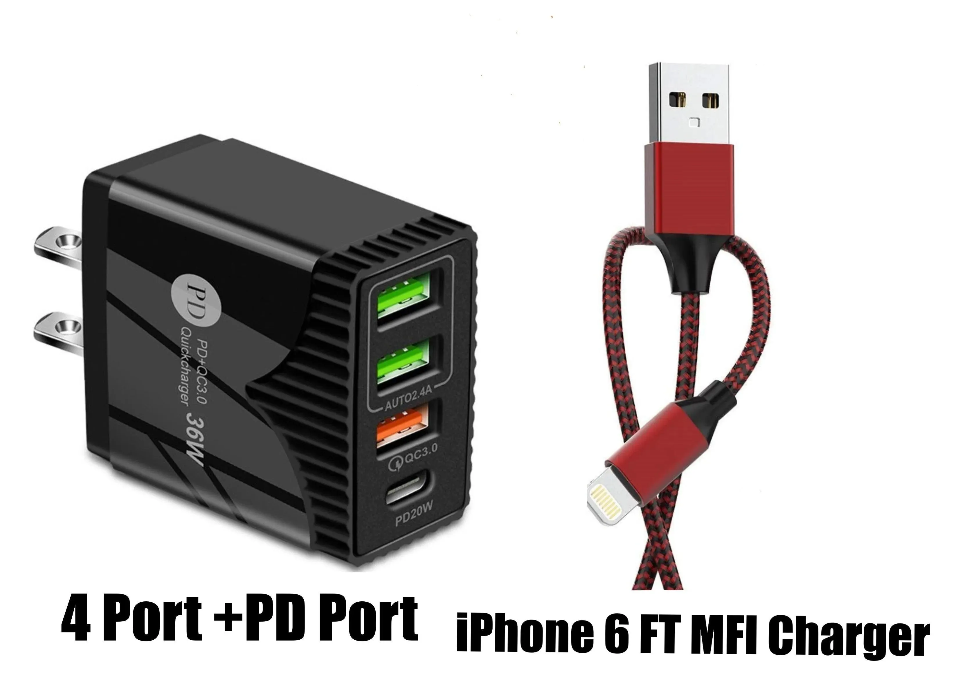4-Port 36W Wall Safe and Fast Charger with PD Port and Iphone Cable 6 Ft