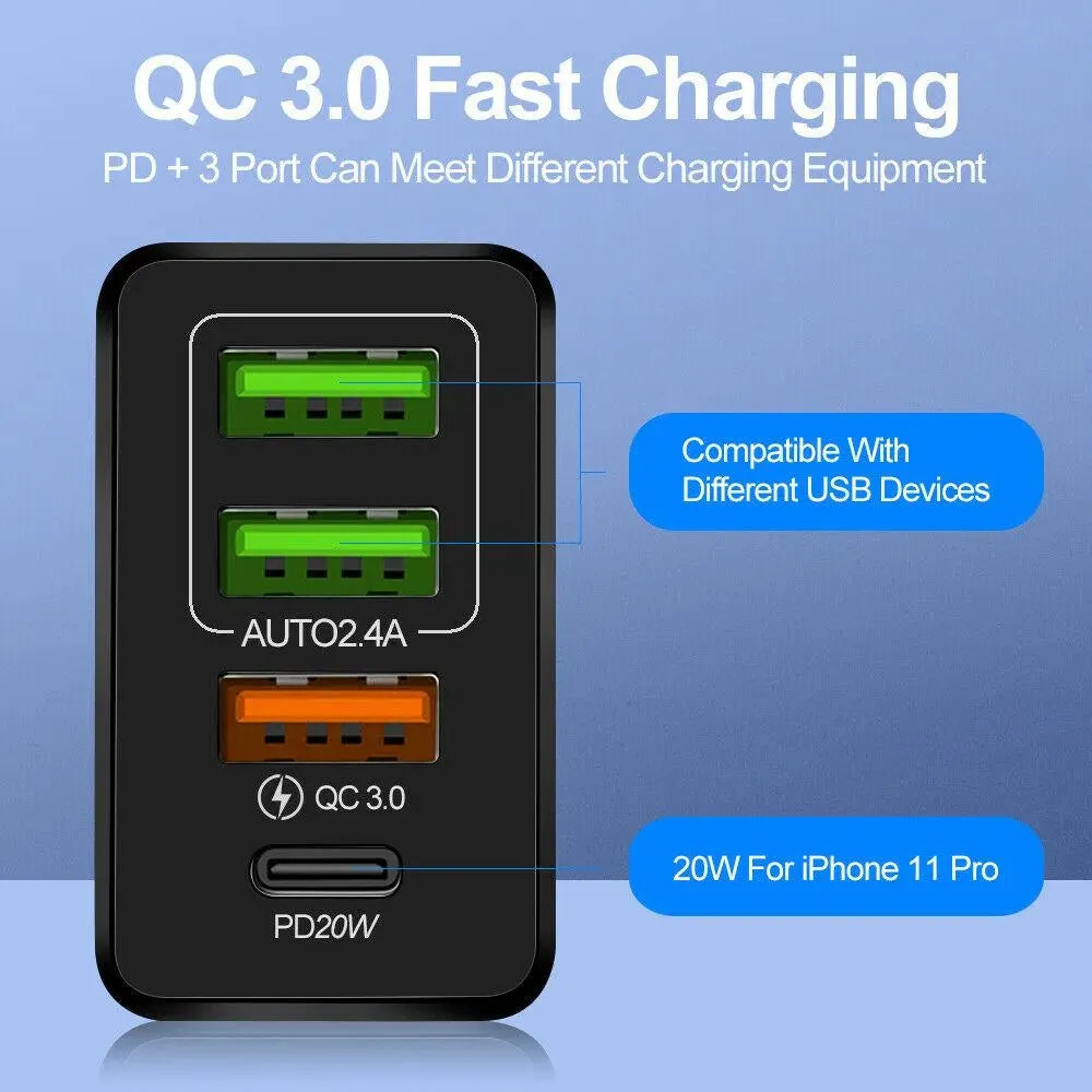 4-Port 36W Wall Safe and Fast Charger with PD Port and Iphone Cable 6 Ft