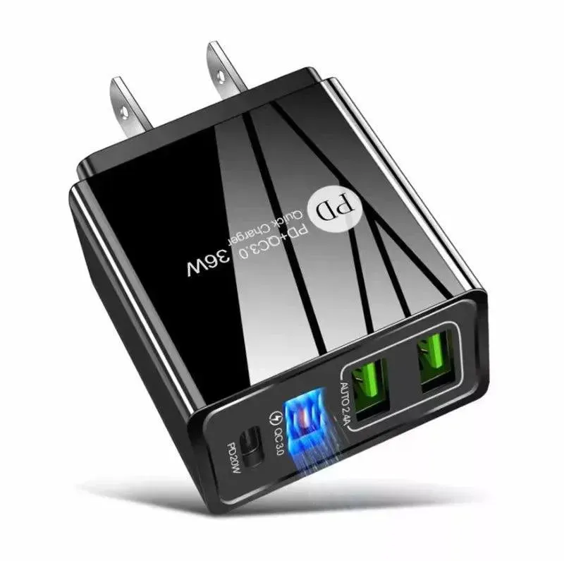 4-Port 36W Wall Safe and Fast Charger with PD Port and Iphone Cable 6 Ft