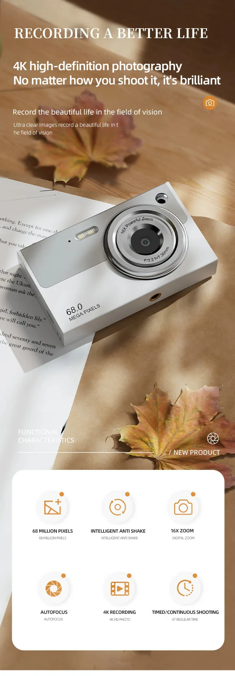 4K Wi-Fi Travel Camera with 16x Zoom