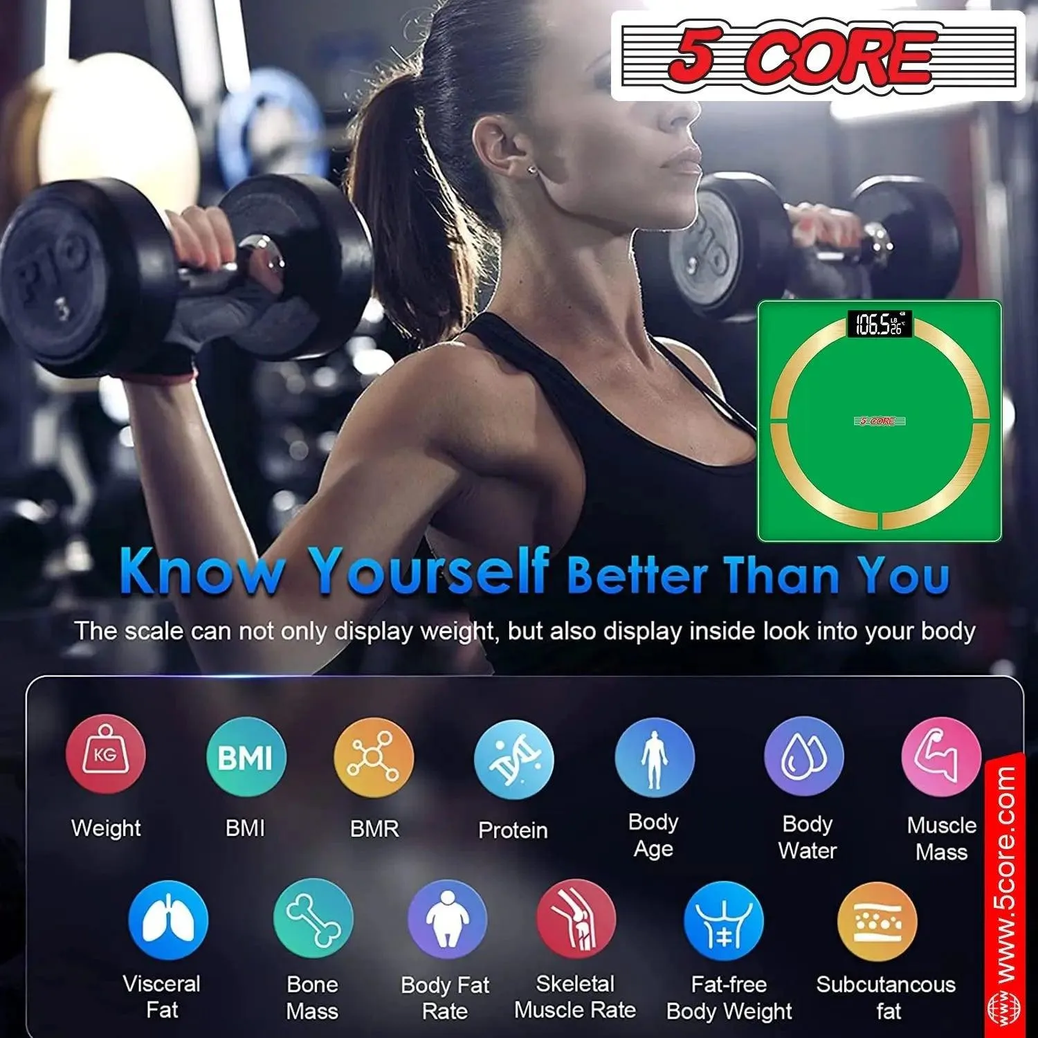 5 Core Smart Weight Scale for Body Weight Digital Bathroom Scale BMI Weighing Bluetooth Body Fat Monitor Health Analyzer Sync with App -BBS 03 B SG