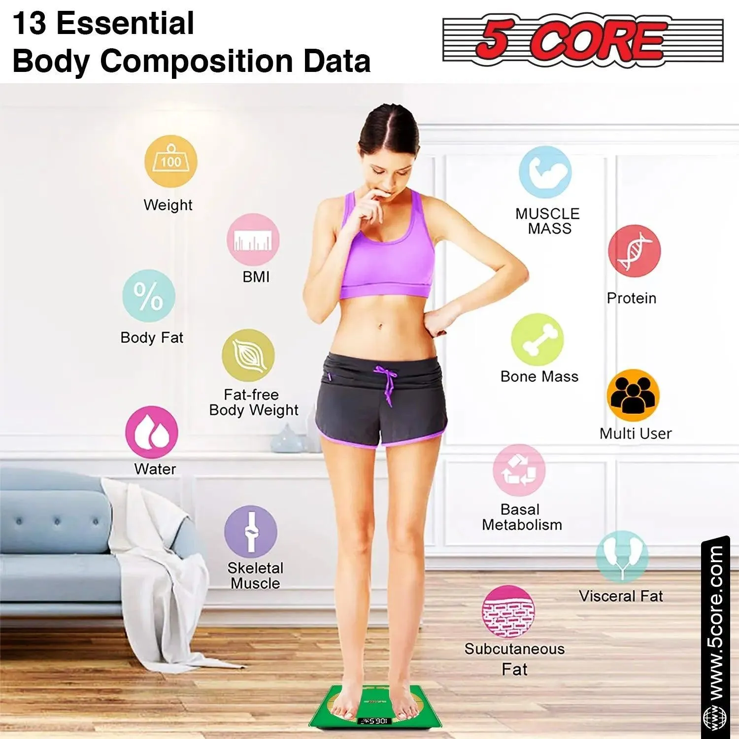 5 Core Smart Weight Scale for Body Weight Digital Bathroom Scale BMI Weighing Bluetooth Body Fat Monitor Health Analyzer Sync with App -BBS 03 B SG