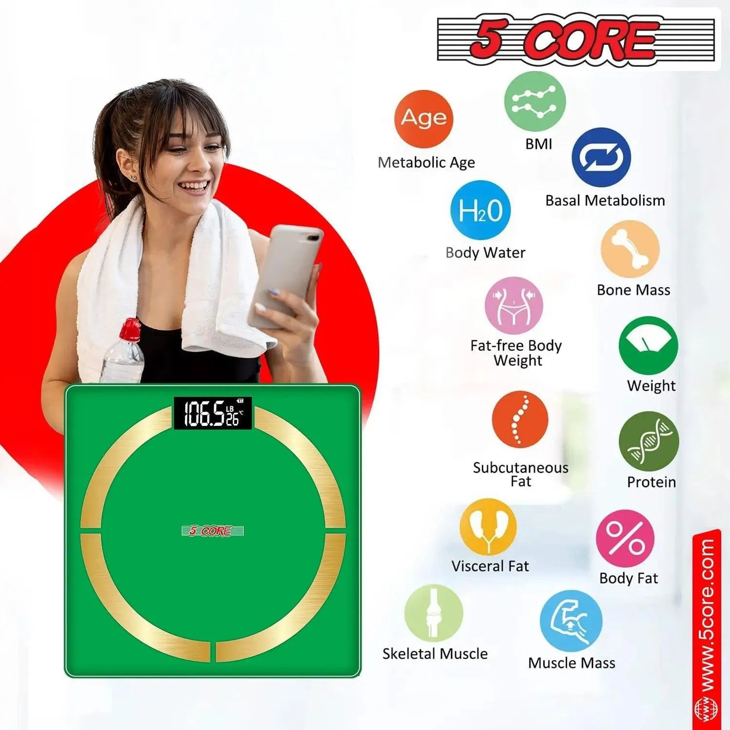 5 Core Smart Weight Scale for Body Weight Digital Bathroom Scale BMI Weighing Bluetooth Body Fat Monitor Health Analyzer Sync with App -BBS 03 B SG