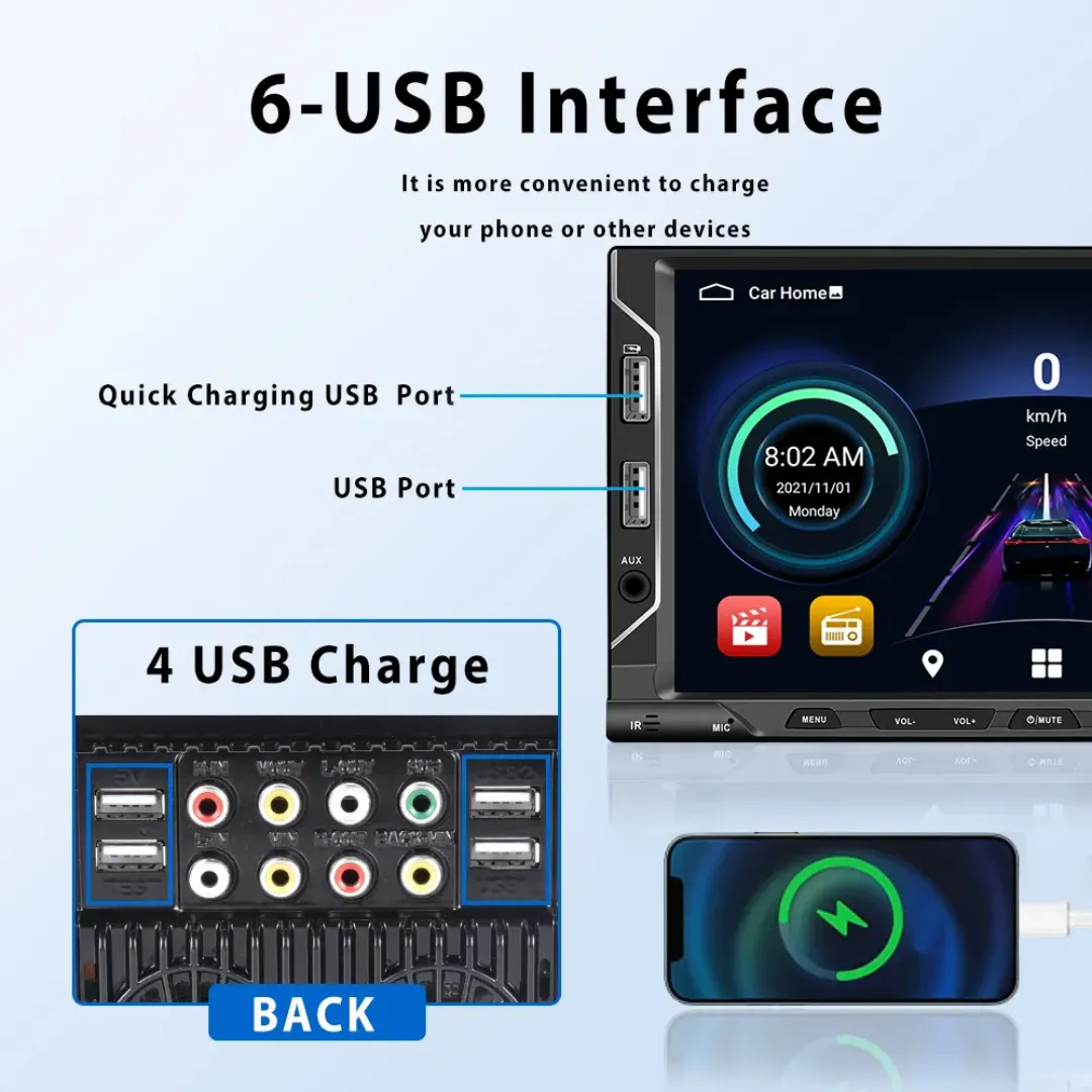 Android Car Stereo Apple Carplay Bluetooth GPS 6 USB Ports 2DIN