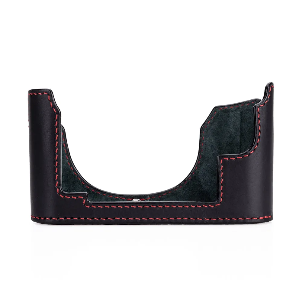 Arte di Mano Half Case for Leica M11 with Advanced Battery Access Door - Minerva Black with Red Stitching