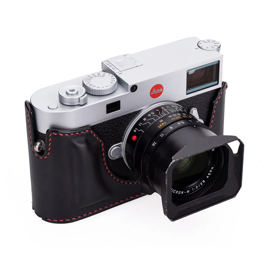 Arte di Mano Half Case for Leica M11 with Advanced Battery Access Door - Minerva Black with Red Stitching
