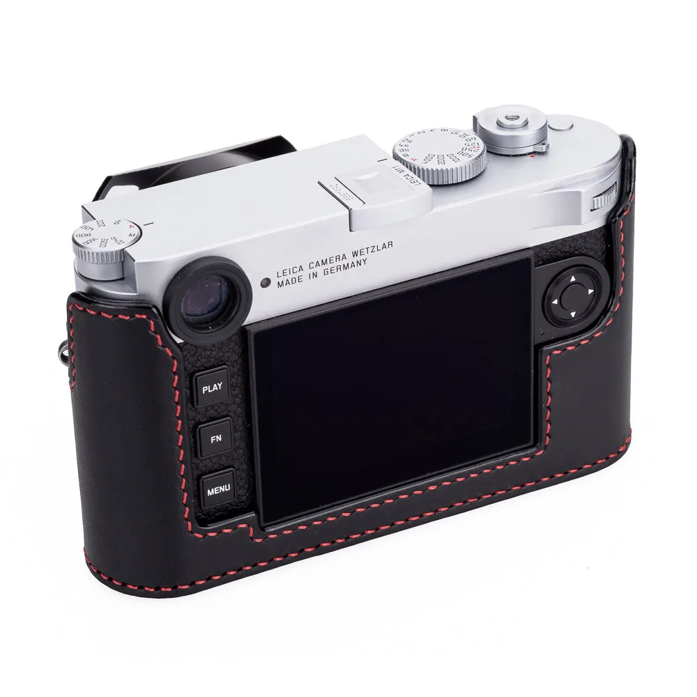 Arte di Mano Half Case for Leica M11 with Advanced Battery Access Door - Minerva Black with Red Stitching