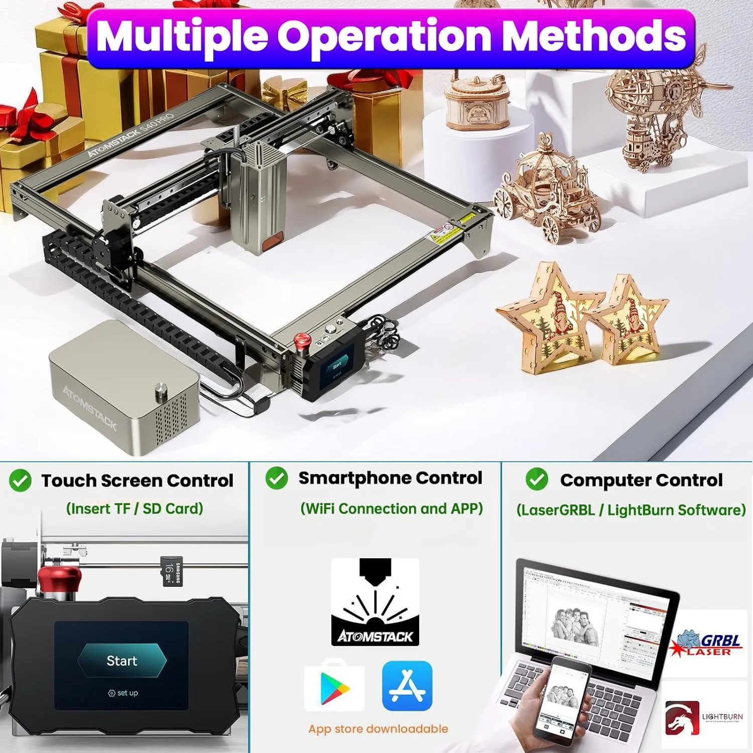 ATOMSTACK S40 Pro X40 PRO A40 PRO 210W Laser Engraving Machine With Automatic Air Assist Kits, 48W Industrial-Grade Laser Cutting Machine with Touchscreen, 24W/48W Dual Modes One Key Switch, Precious Gifts for Him