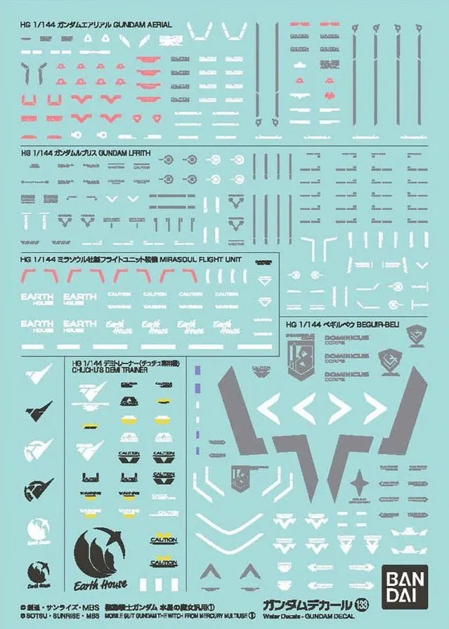 Bandai Gundam Decal #133 For Mobile Suit Gundam The Witch from Mercury Multiuse #1 Water Slide/Transfer Decals