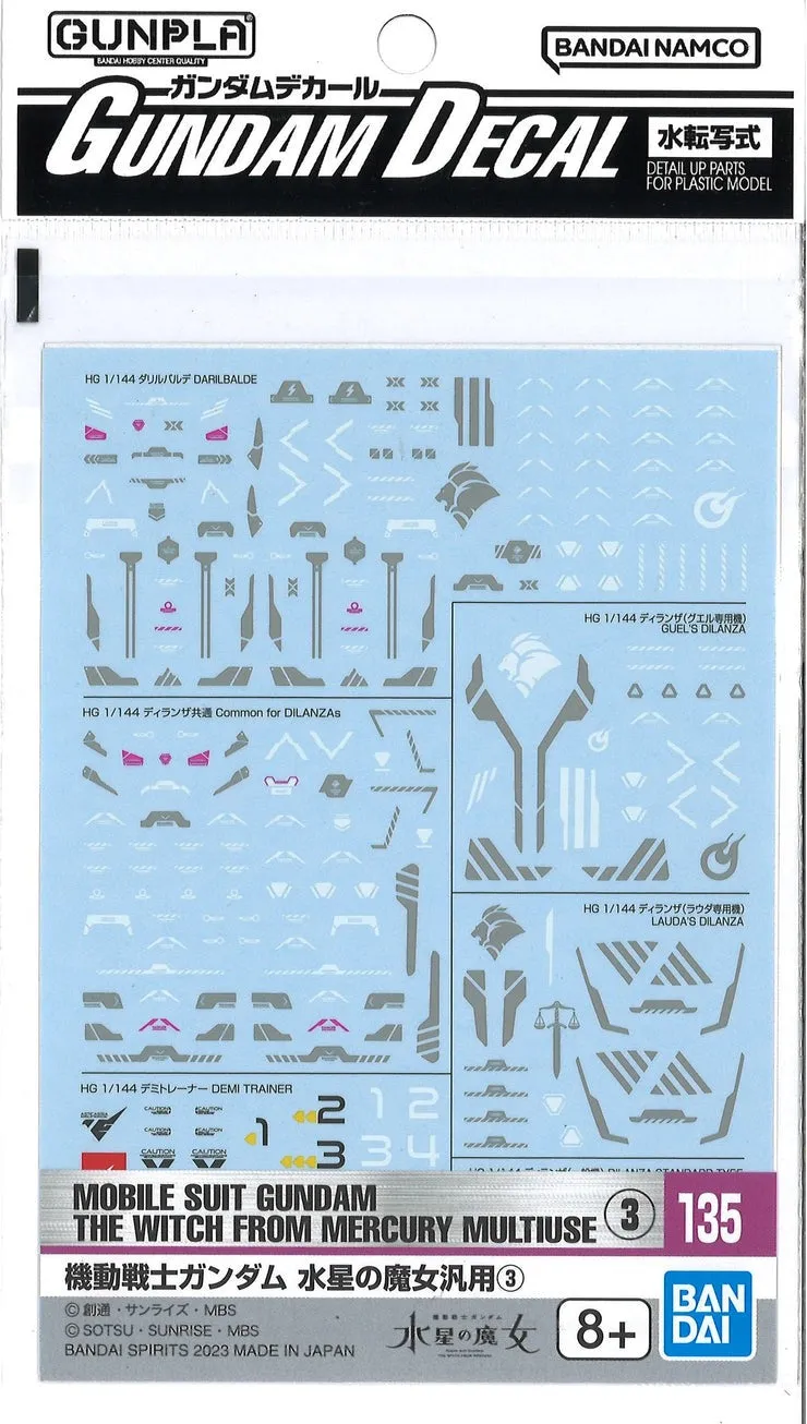 Bandai Gundam Decal #135 For Mobile Suit Gundam The Witch from Mercury Multiuse #3 Water Slide/Transfer Decals