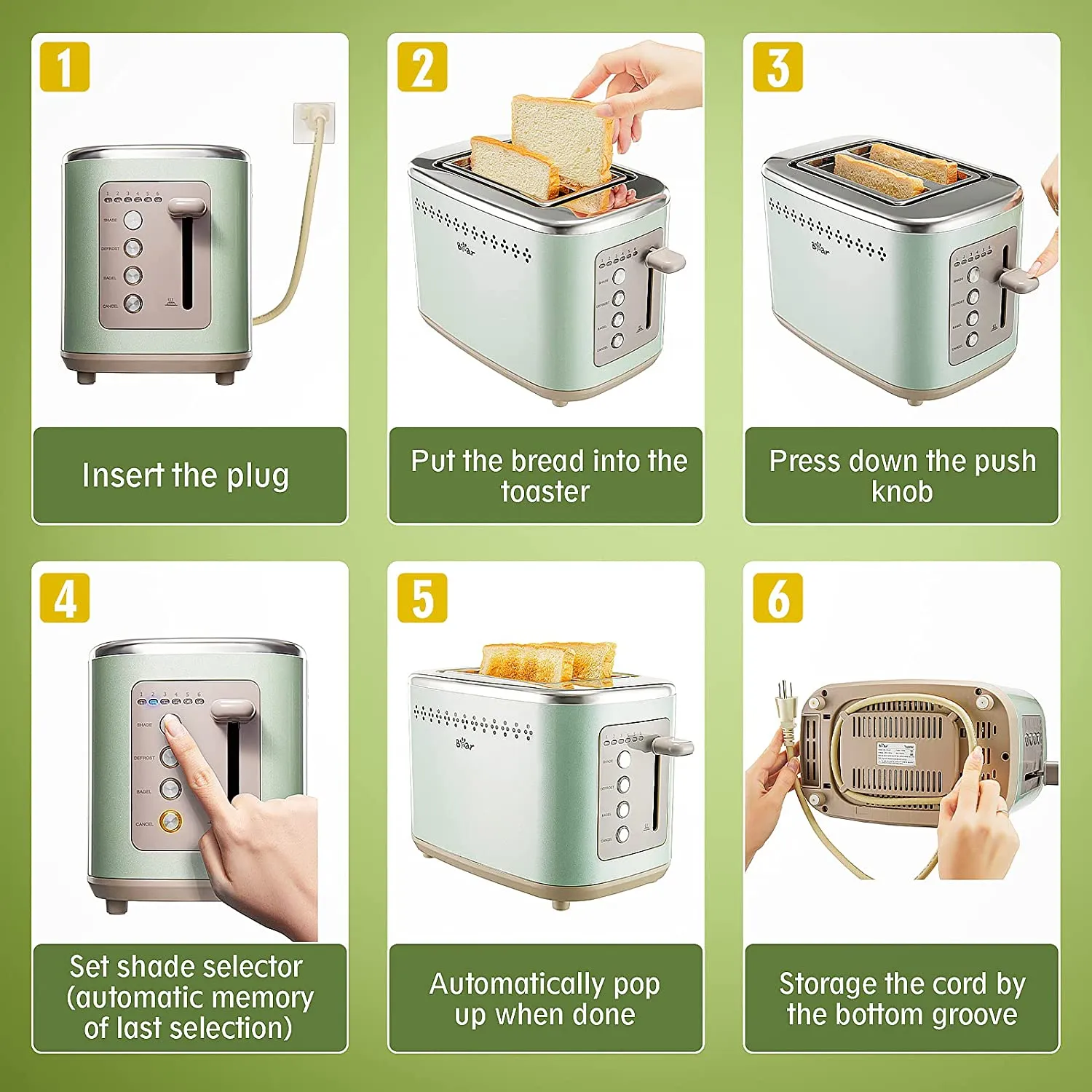 BEAR Toaster DSL-C02A1, 2 Slice with 6-Shade Settings and Bagel, Defrost, Cancel Function