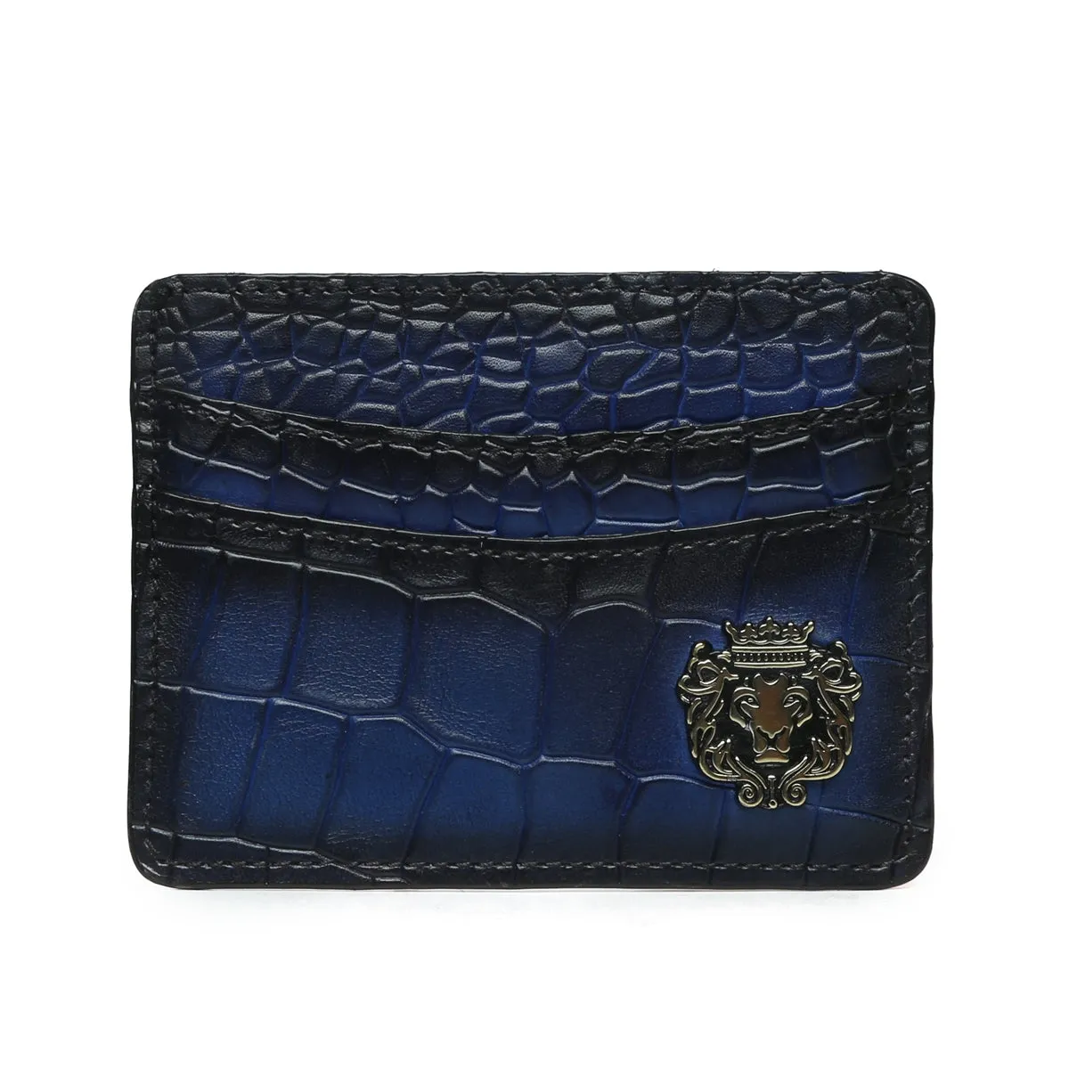 Blue Croco Deep Cut Leather With Golden Lion Logo Card Holder By Brune