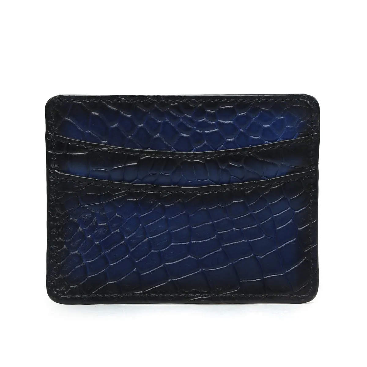 Blue Croco Deep Cut Leather With Golden Lion Logo Card Holder By Brune