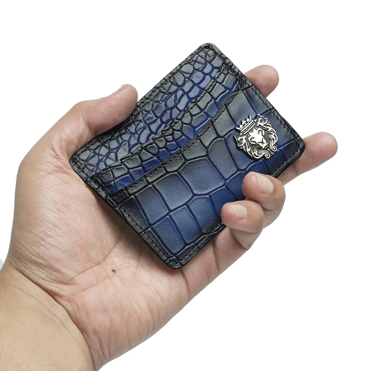 Blue Croco Deep Cut Leather With Golden Lion Logo Card Holder By Brune