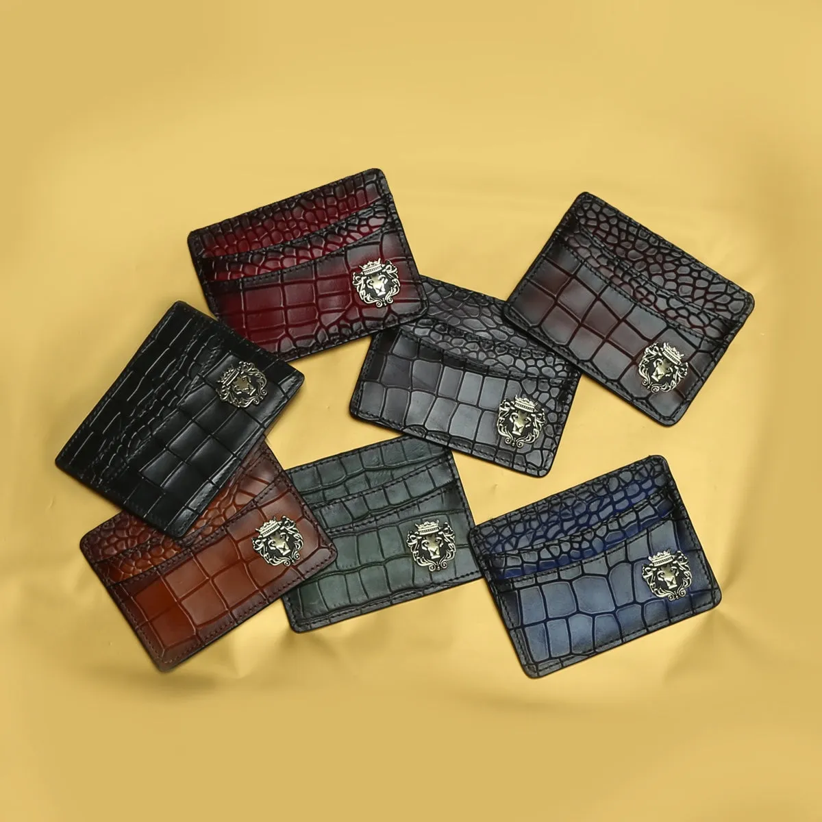 Blue Croco Deep Cut Leather With Golden Lion Logo Card Holder By Brune