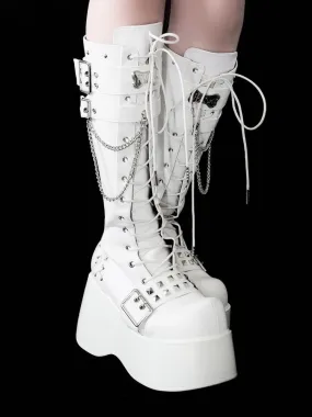 Bone-shaped Metal Plates Matte White Punk Wedge Platform Knee-high Boots