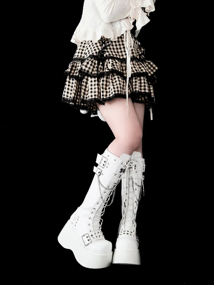 Bone-shaped Metal Plates Matte White Punk Wedge Platform Knee-high Boots