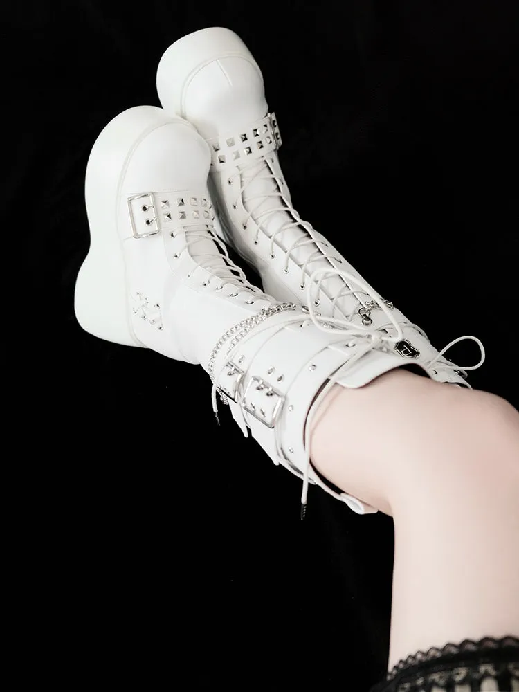 Bone-shaped Metal Plates Matte White Punk Wedge Platform Knee-high Boots