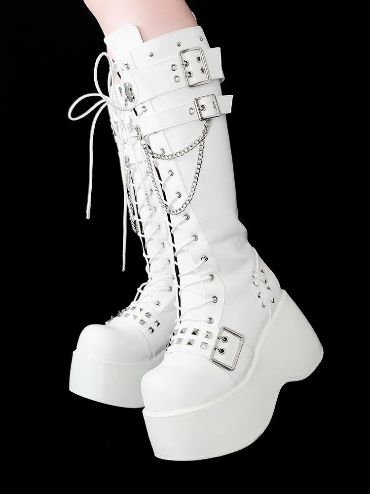 Bone-shaped Metal Plates Matte White Punk Wedge Platform Knee-high Boots