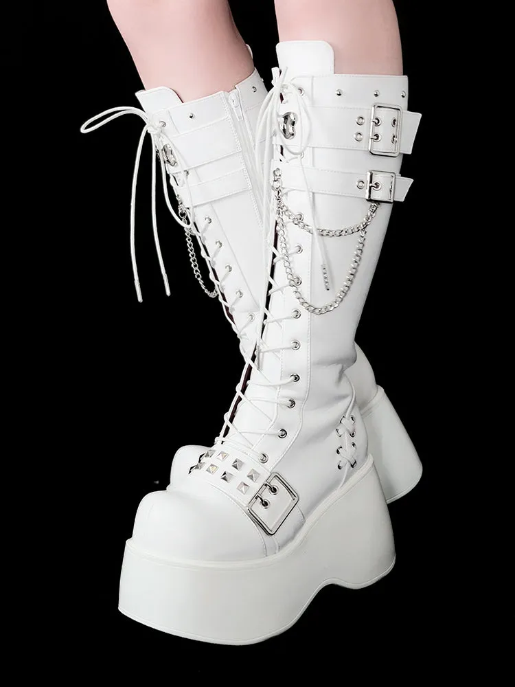 Bone-shaped Metal Plates Matte White Punk Wedge Platform Knee-high Boots