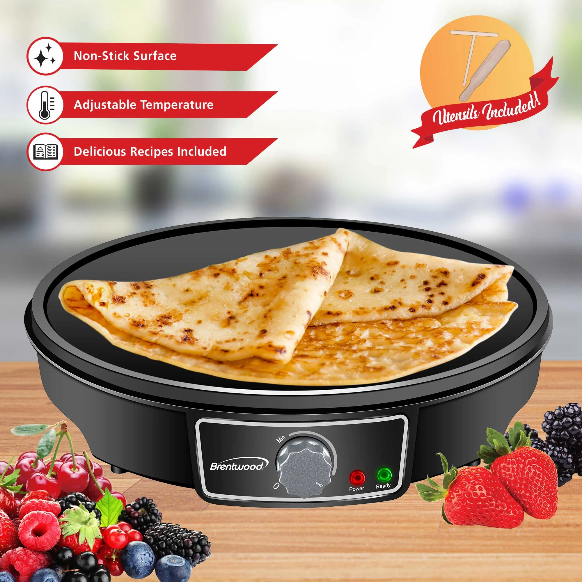 Brentwood TS-602BK 12-Inch Electric Non-Stick Crepe Pancake Maker and Griddle with Spatula and Spreader, Black