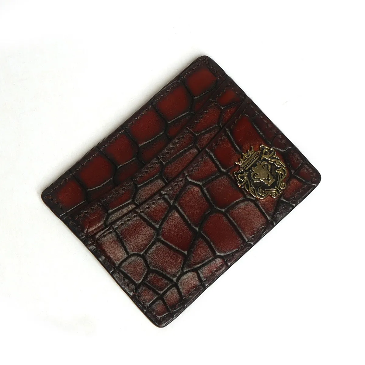 Cognac Smokey Patina Finish Card Holder in Deep Cut Croco Leather by Brune & Bareskin