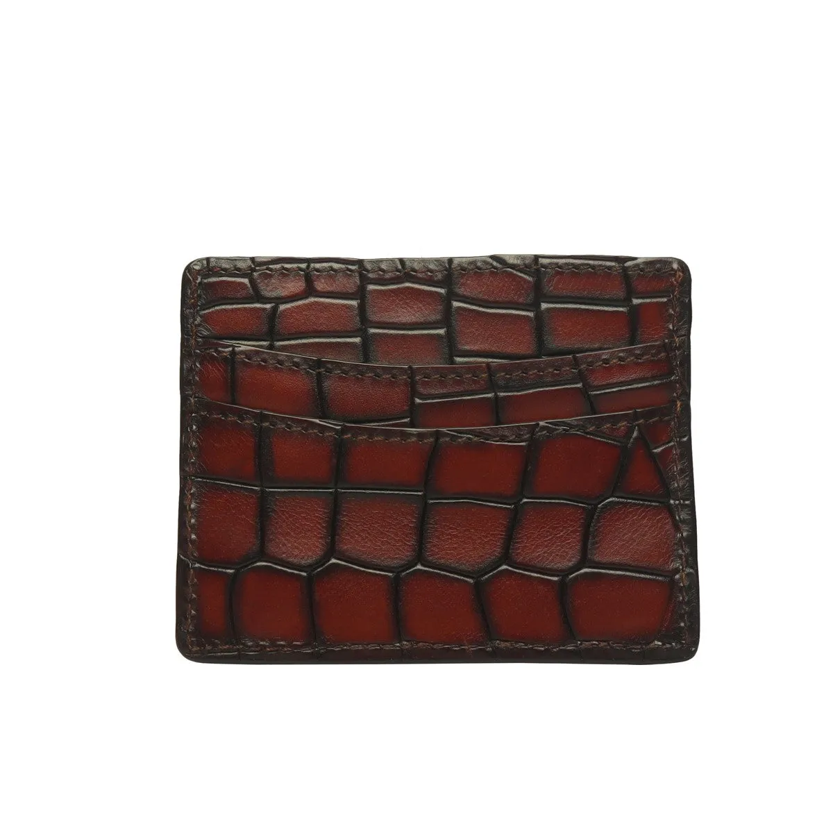 Cognac Smokey Patina Finish Card Holder in Deep Cut Croco Leather by Brune & Bareskin
