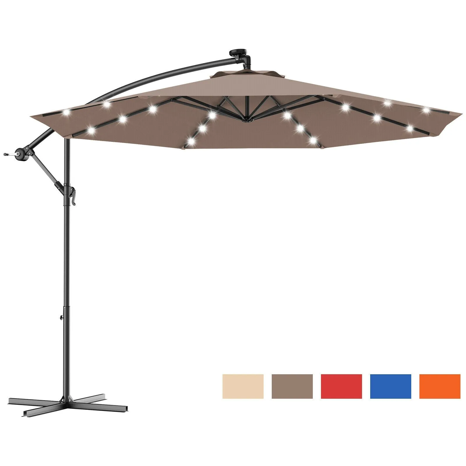Costway 10&#39; Hanging Solar LED Umbrella Patio Sun Shade Offset Market W/Base OP70754