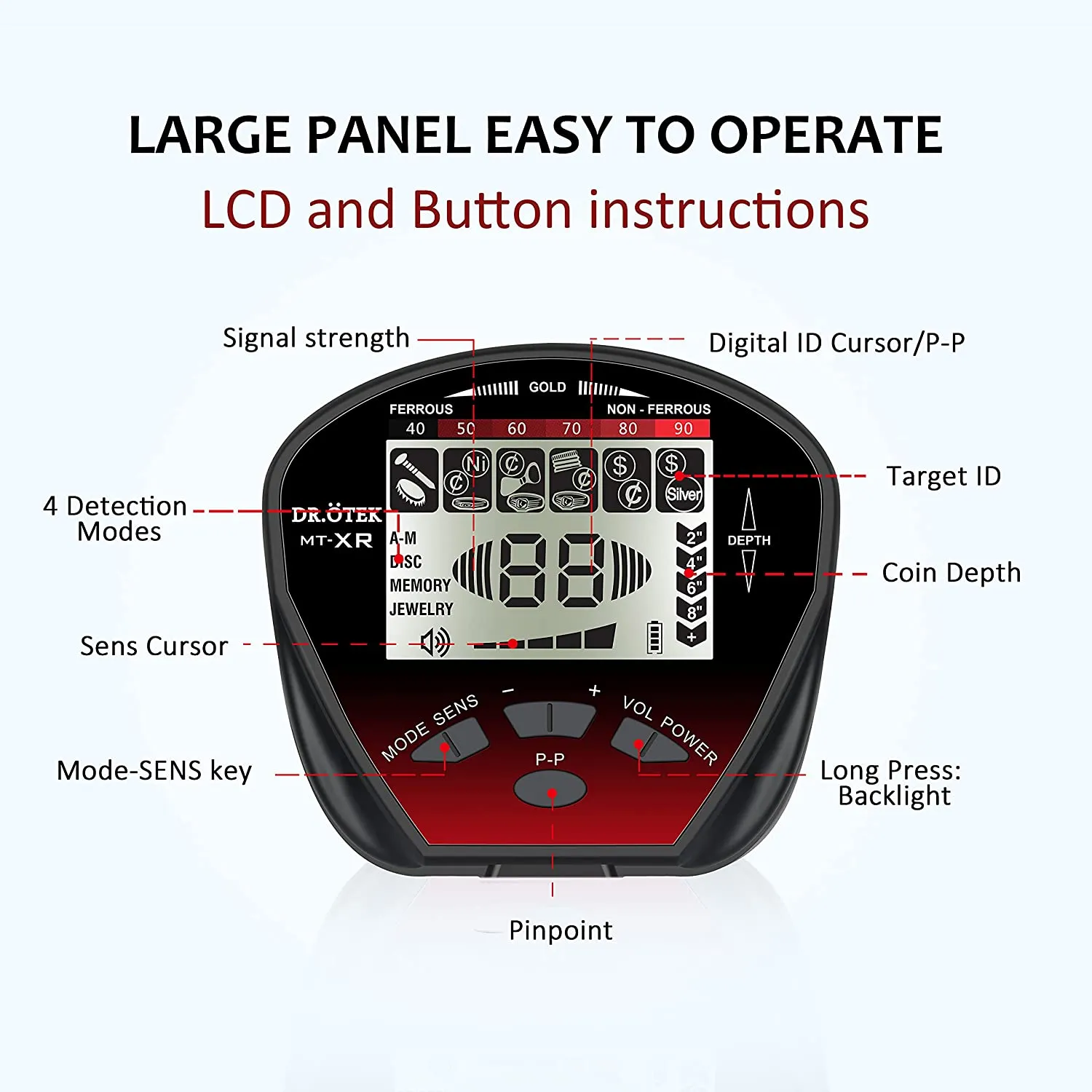 DR.ÖTEK Metal Detector for Adults Professional, Pinpoint Metal Detector Waterproof Gold and Silver, Higher Accuracy, Bigger LCD Display, Strong Memory Mode, 10" IP68 Coil, Upgrade DSP Chip