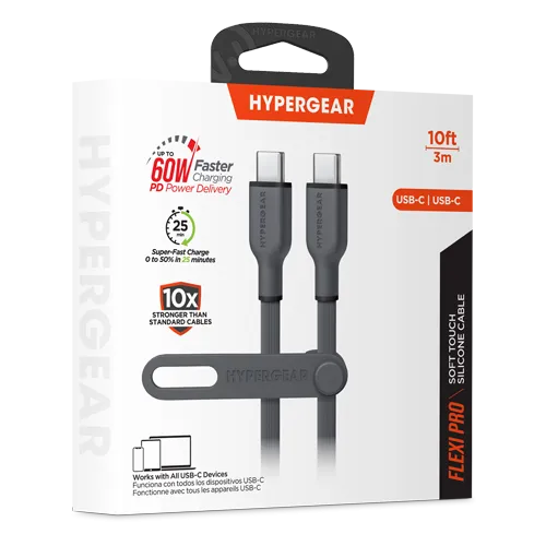 Flexi Pro USB-C to USB-C Soft-Touch Silicone Fast Charge Cable | 10ft | Gray