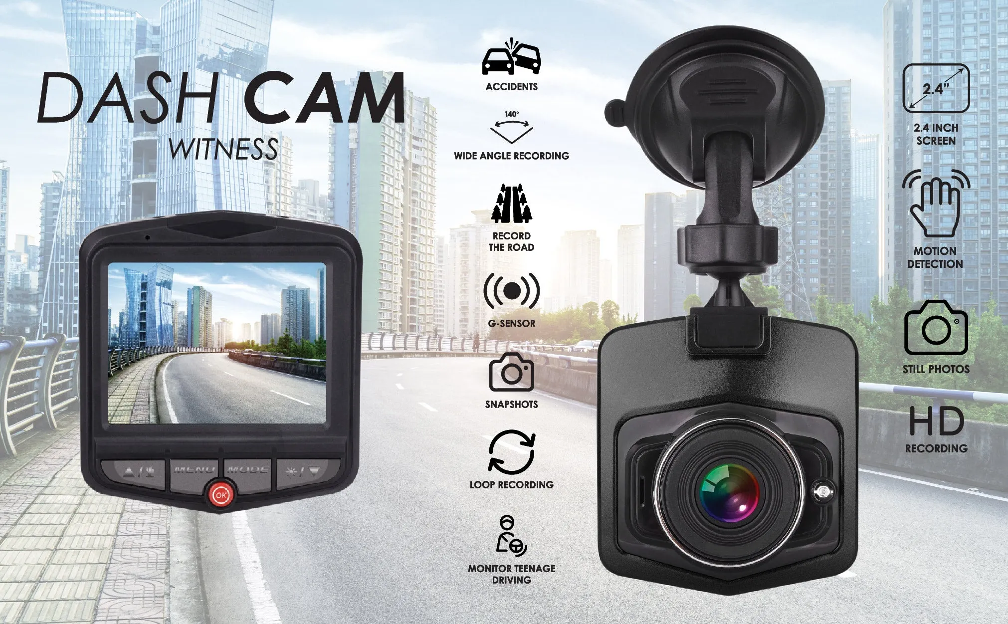 Gabba Goods' HD Dash Camera- with 2.4'' Screen and Suction Cup