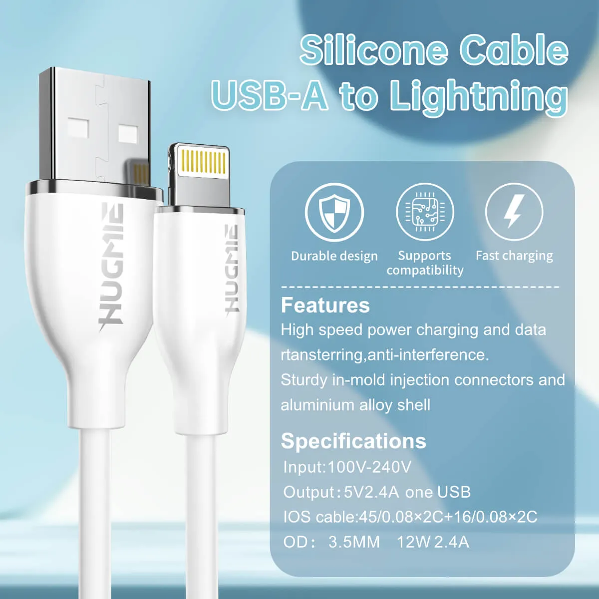 Hugmie® Silicone USB-A to Lightning Fast Charging Cable 1.2M-White