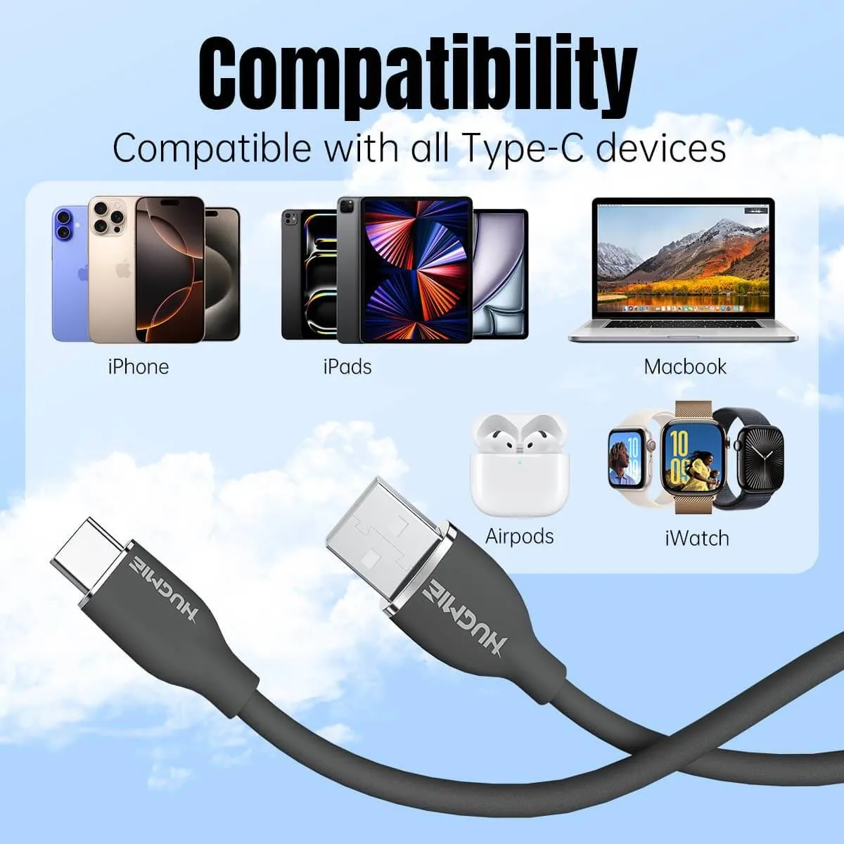 Hugmie® Silicone USB-A to Type-C Fast Charging Cable 1.2M-Dark Gray