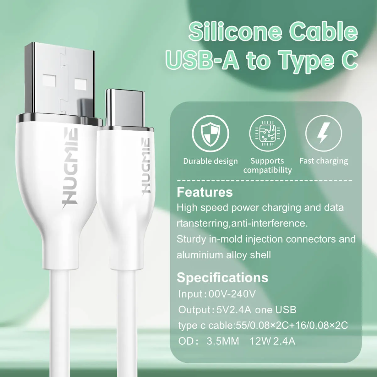 Hugmie® Silicone USB-A to Type-C Fast Charging Cable 1.2M-White