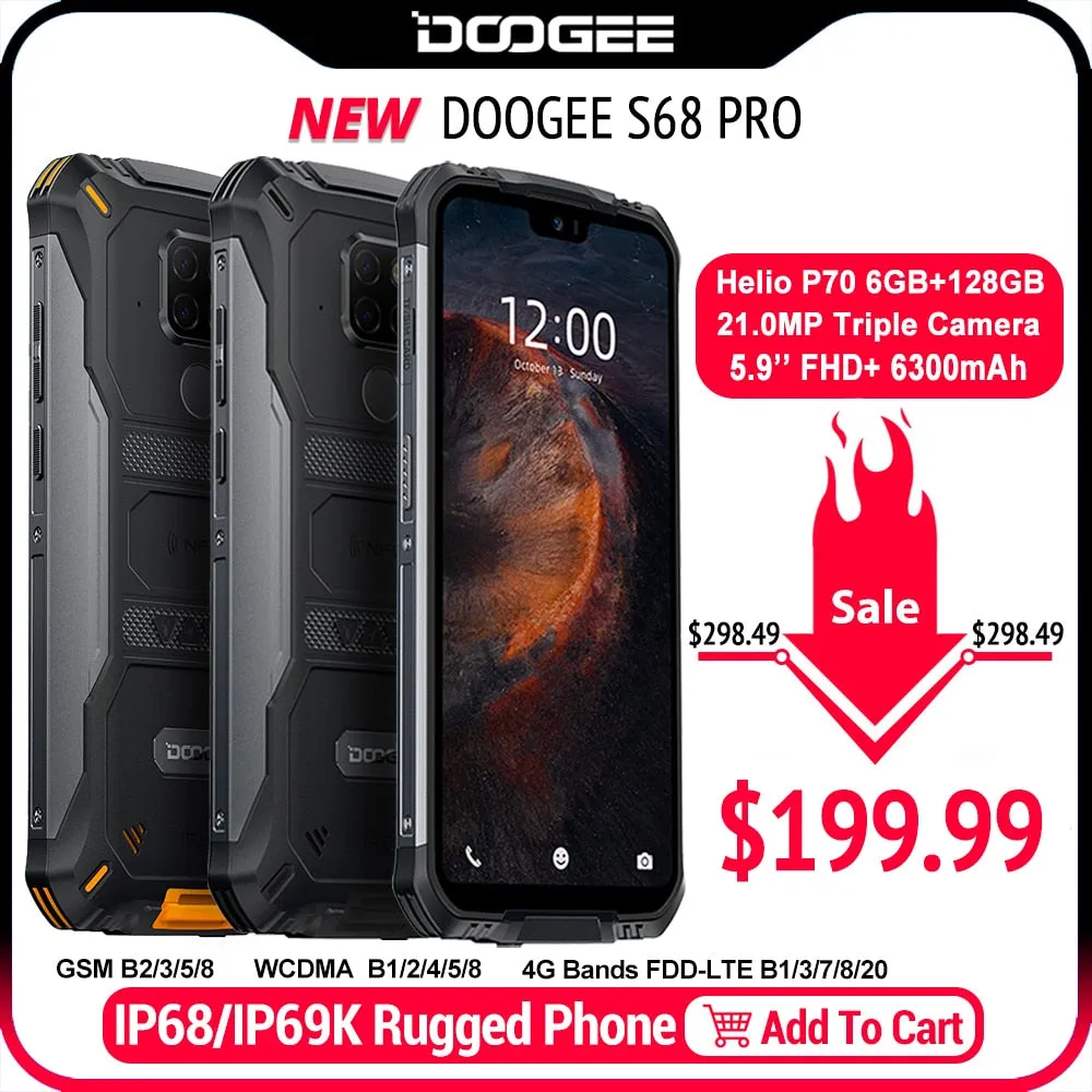 IP68 Waterproof DOOGEE S68 Pro Rugged Phone Helio P70 Octa Core 6GB 128GB Wireless Charge NFC 6300mAh 12V2A Charge 5.9 inch FHD 
