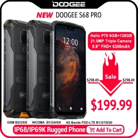 IP68 Waterproof DOOGEE S68 Pro Rugged Phone Helio P70 Octa Core 6GB 128GB Wireless Charge NFC 6300mAh 12V2A Charge 5.9 inch FHD 