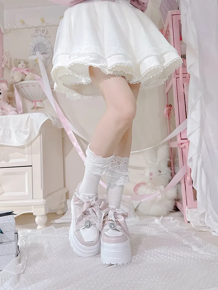 Jirai Kei Pink Rhinestone Platform Shoes with Detachable Beaded Chain