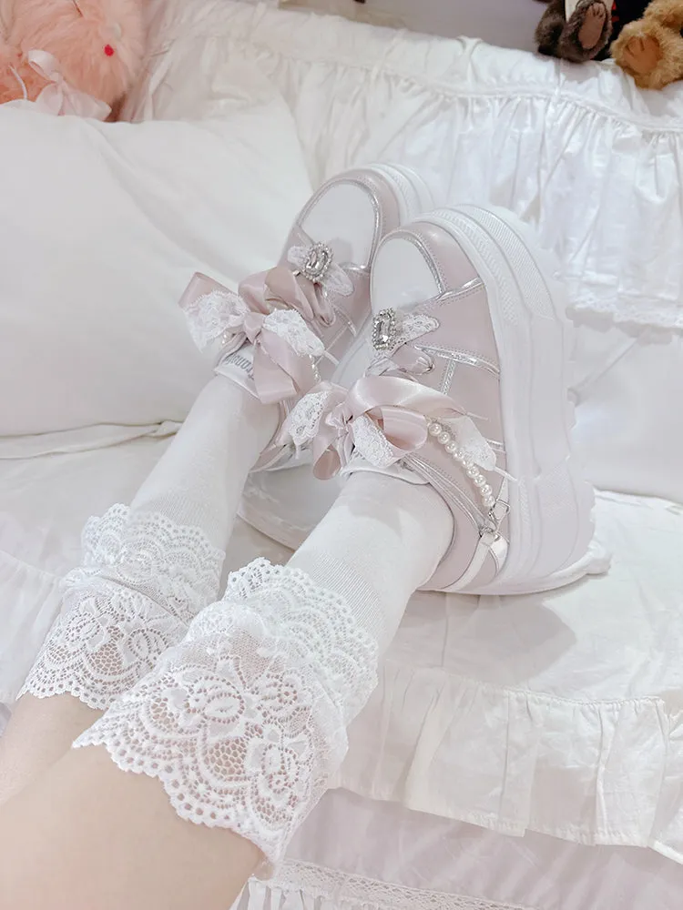 Jirai Kei Pink Rhinestone Platform Shoes with Detachable Beaded Chain