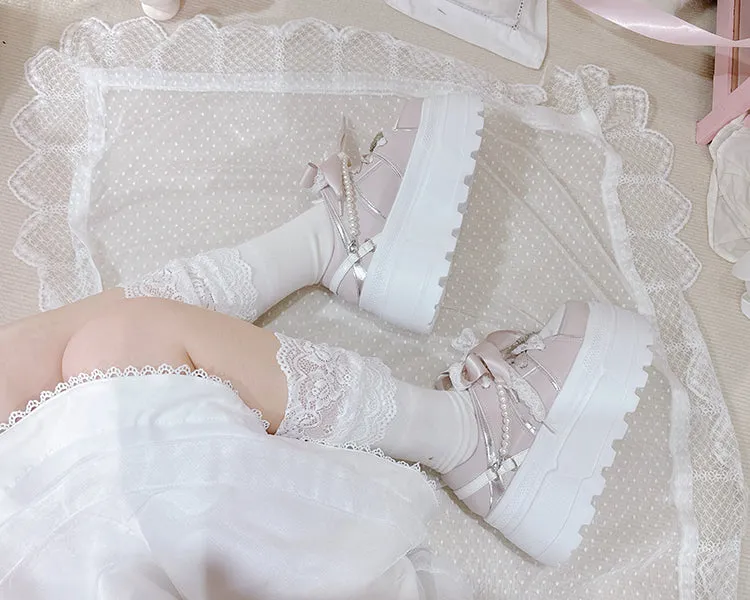 Jirai Kei Pink Rhinestone Platform Shoes with Detachable Beaded Chain
