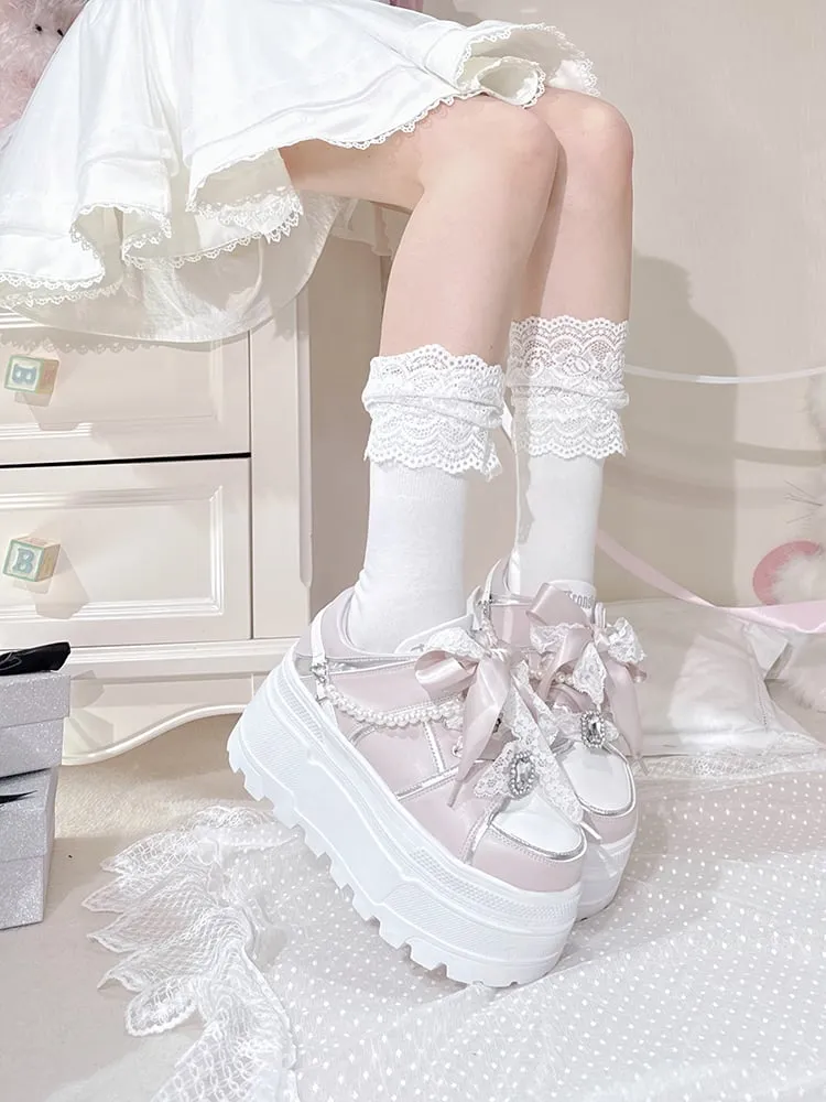 Jirai Kei Pink Rhinestone Platform Shoes with Detachable Beaded Chain