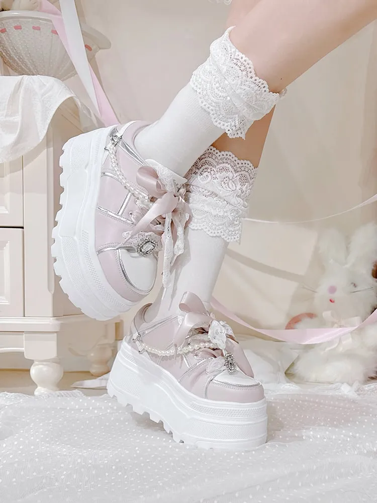 Jirai Kei Pink Rhinestone Platform Shoes with Detachable Beaded Chain