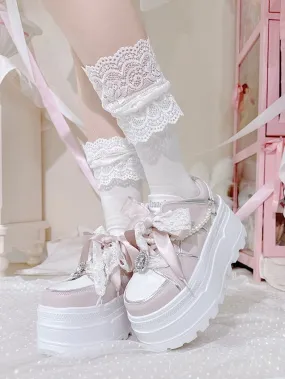 Jirai Kei Pink Rhinestone Platform Shoes with Detachable Beaded Chain