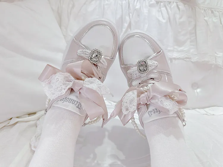 Jirai Kei Pink Rhinestone Platform Shoes with Detachable Beaded Chain