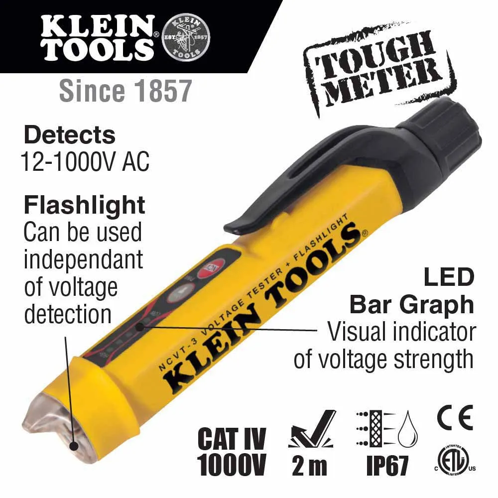 Klein NCVT-3P Non-Contact Voltage Tester, 1000V, with Flashlight