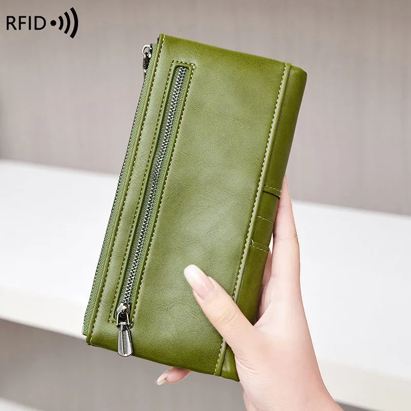Leather Wallets For Women Vacatime RFID Blocking Soft Bifold Double Zipper Coin Purse