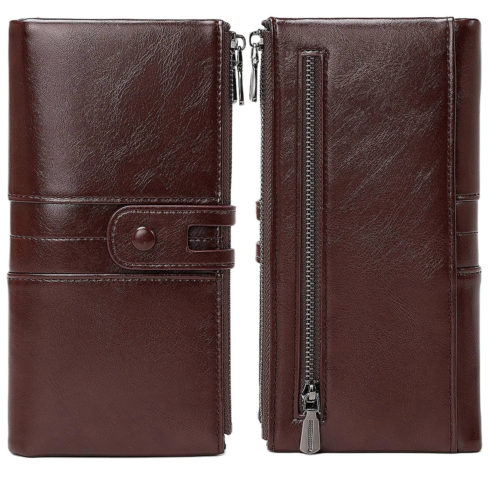 Leather Wallets For Women Vacatime RFID Blocking Soft Bifold Double Zipper Coin Purse