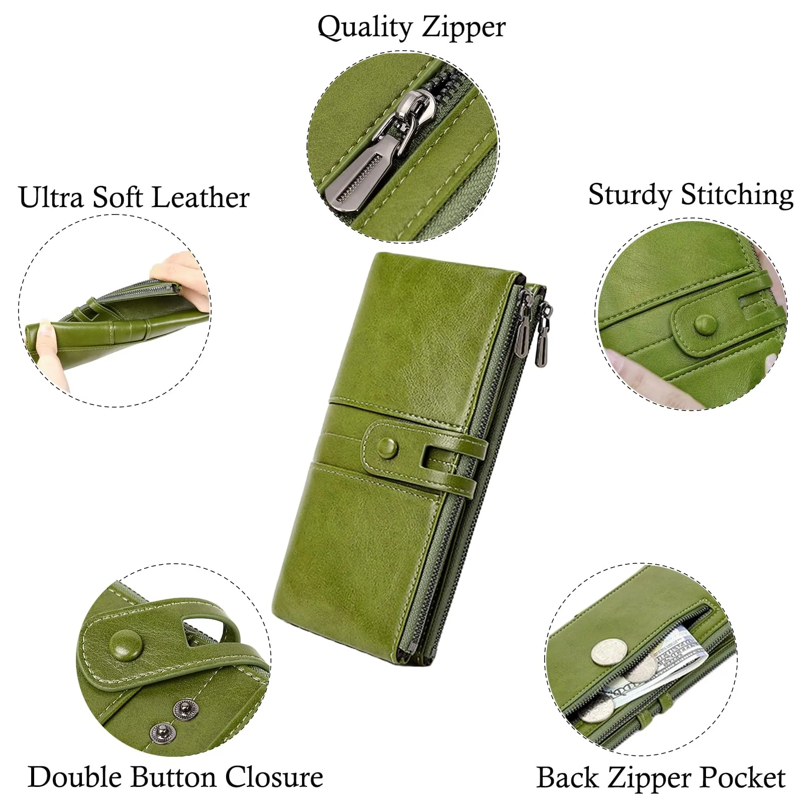 Leather Wallets For Women Vacatime RFID Blocking Soft Bifold Double Zipper Coin Purse